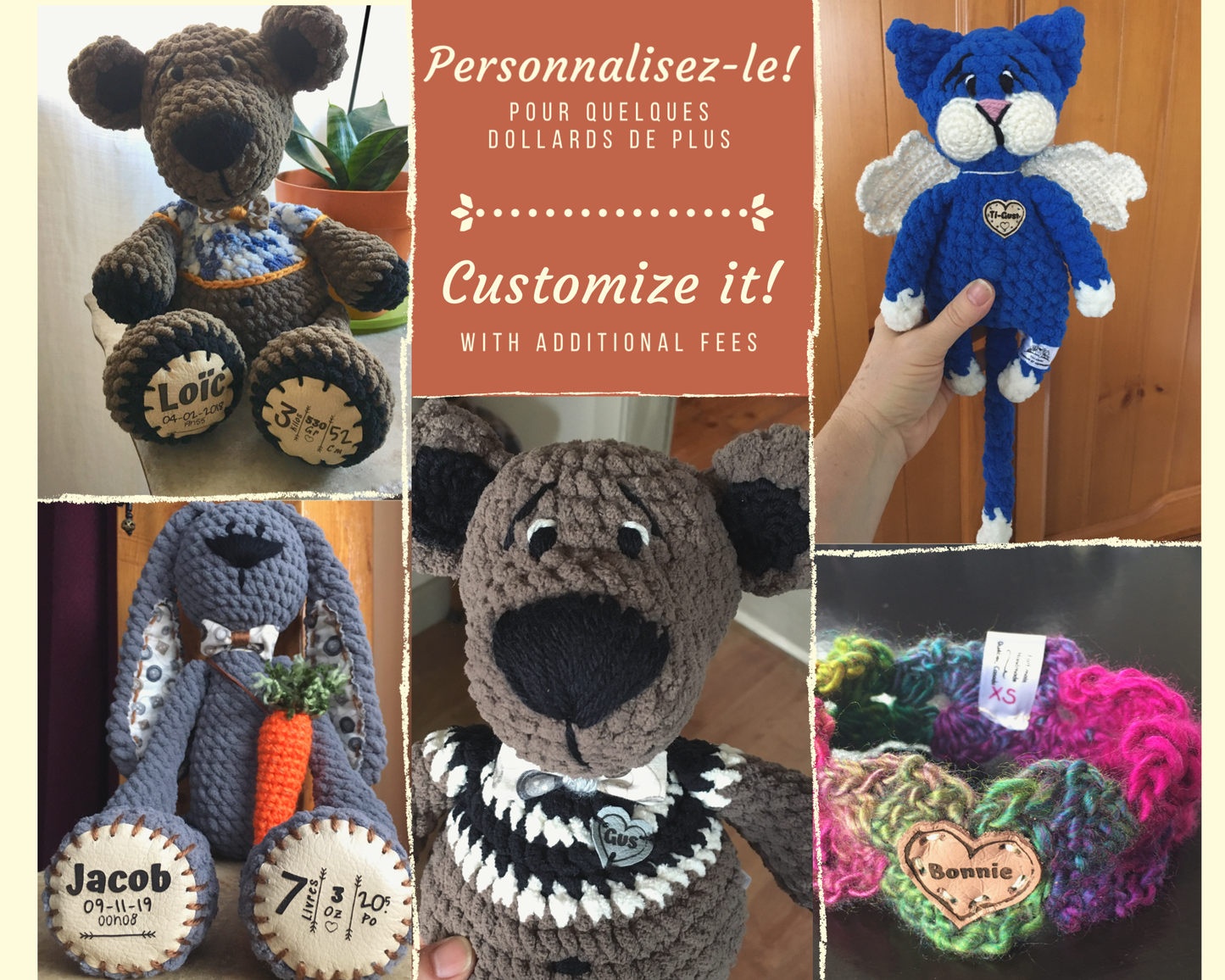 Jack le NONORIGNAL couleurs chocolat au lait et rose, avec yeux sécuritaire, la peluche orignal style lumberjack, Peut être personnalisé en TOUTOU DE NAISANCE