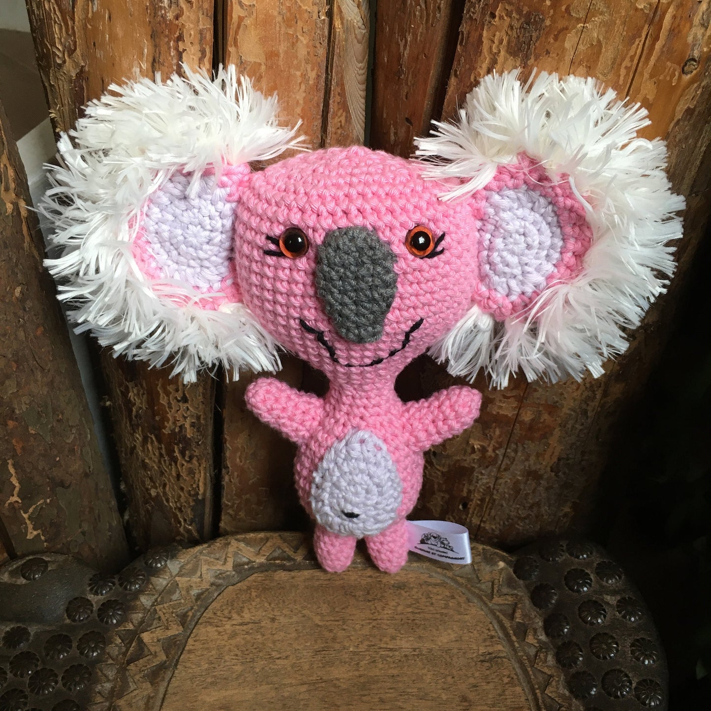 Ready to leave, koala plush in joyful mood, pink koala and lilac made of organic cotton