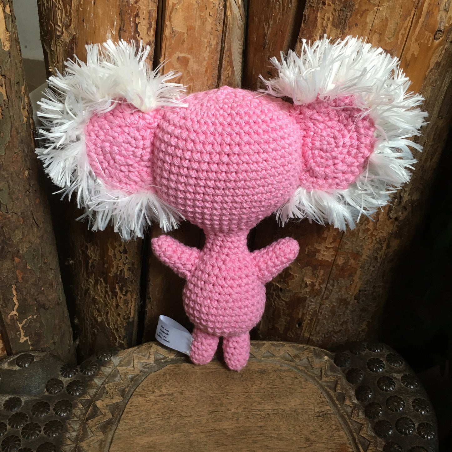 Ready to leave, koala plush in joyful mood, pink koala and lilac made of organic cotton