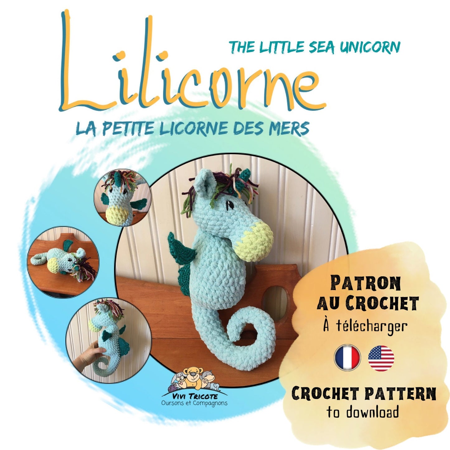 LILICORNE la petit licorne des mer, Patron au crochet à télécharger, PDF français et anglais