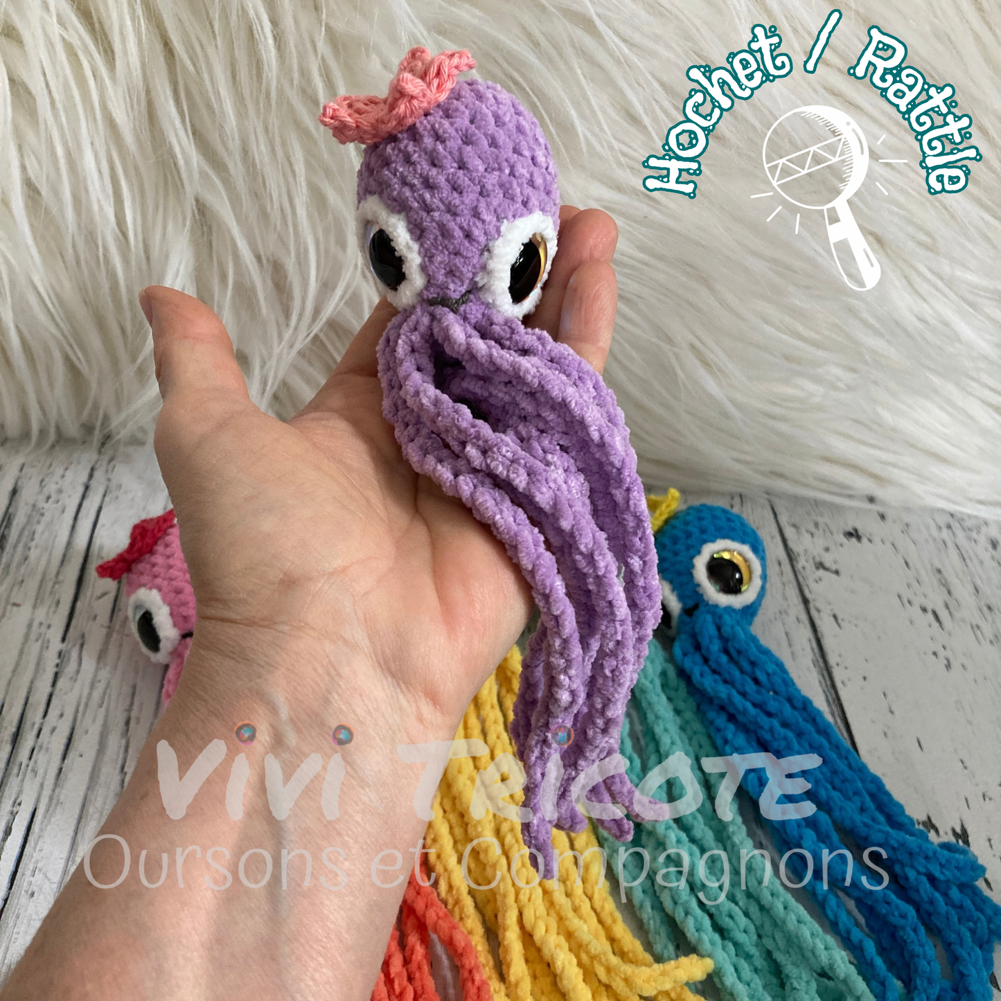 MINI OLLIE LA PIEUVRE Darling Lilas - Amigurumi HOCHET avec MAGNIFIQUES YEUX IRIDESCENTS ROSE (#1067)
