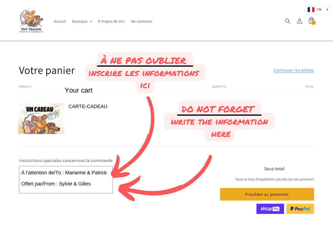 CARTES-CADEAUX par la poste (anglais)