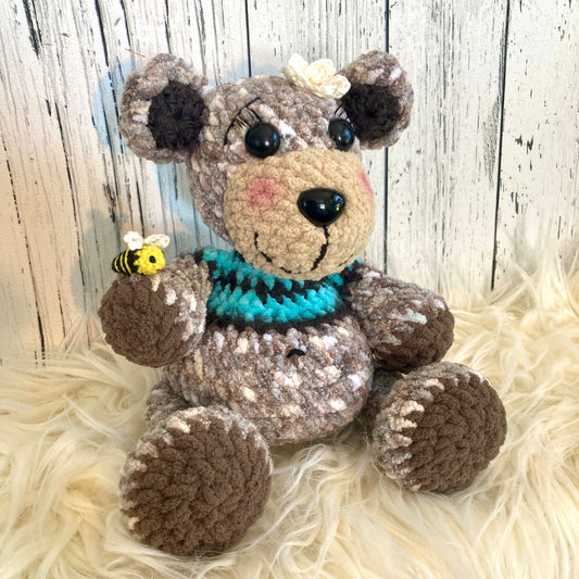 MINNIE L’OURSON - chocolat, crème et turquoise - peut être personnalisé en PELUCHE DE NAISSANCE