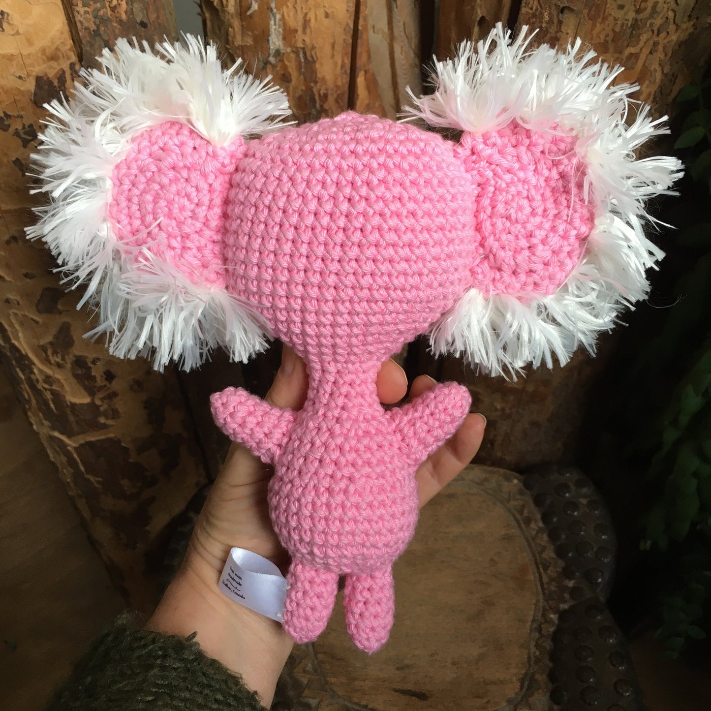 Ready to leave, koala plush in joyful mood, pink koala and lilac made of organic cotton