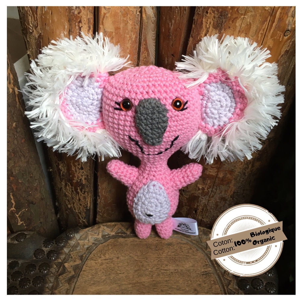 Ready to leave, koala plush in joyful mood, pink koala and lilac made of organic cotton