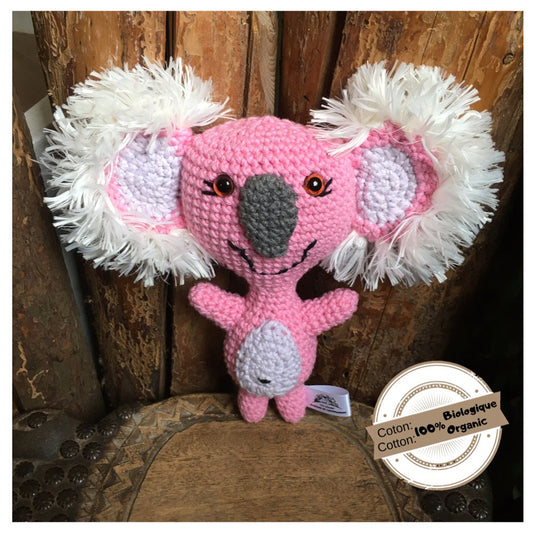 Prêt à partir, peluche koala d’humeur joyeuse, koala rose et lilas confectionné en coton biologique